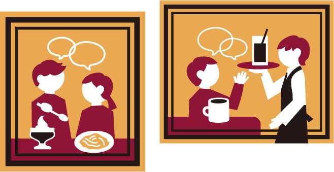 カフェで過ごすお客様と、コーヒーを提供するスタッフのイラスト